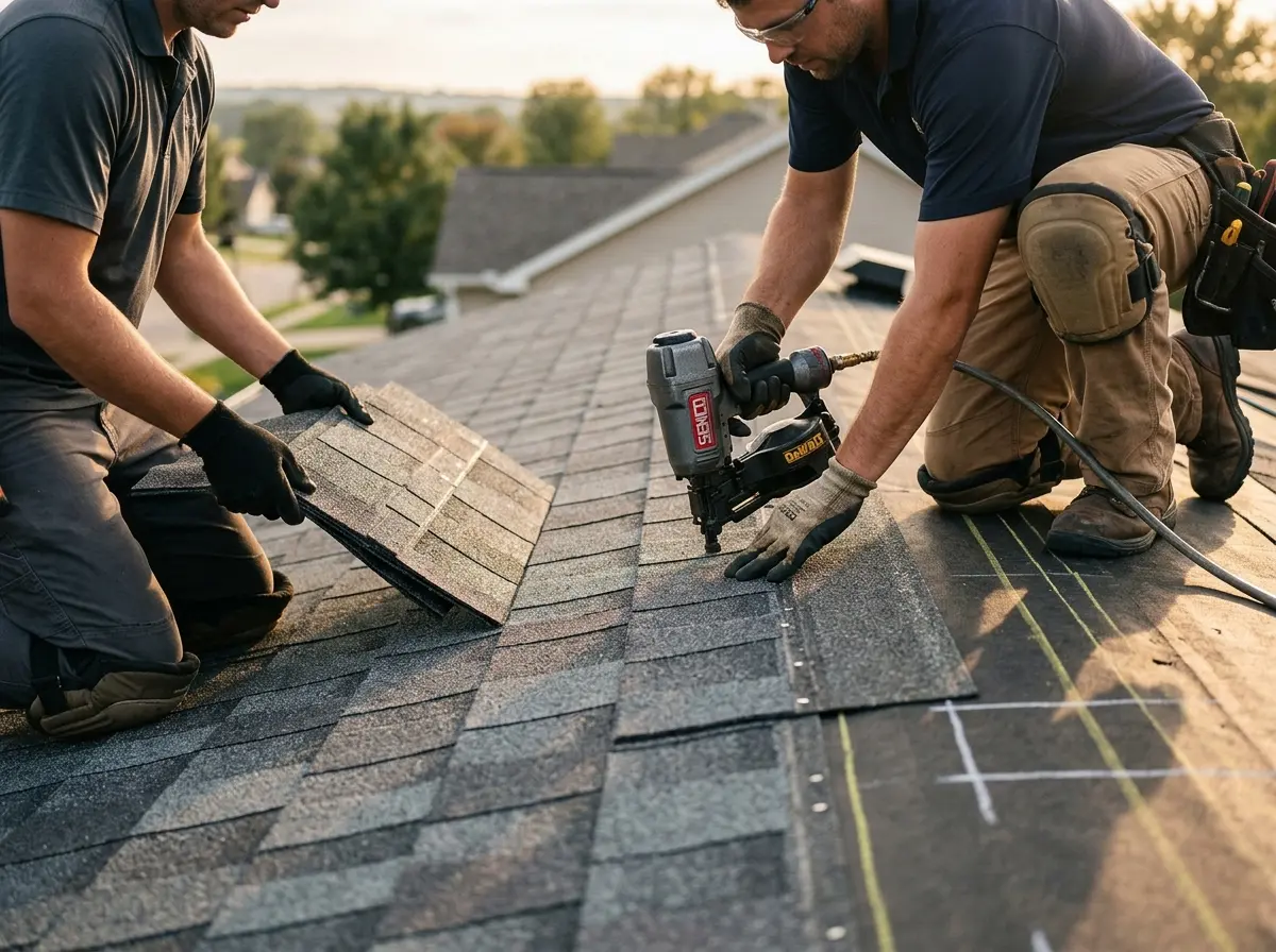 Professional roofer working on a residential roof in Oakmont